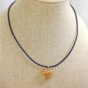 14K Gold Glass Heart W/ Gold Flakes Corded
Necklace